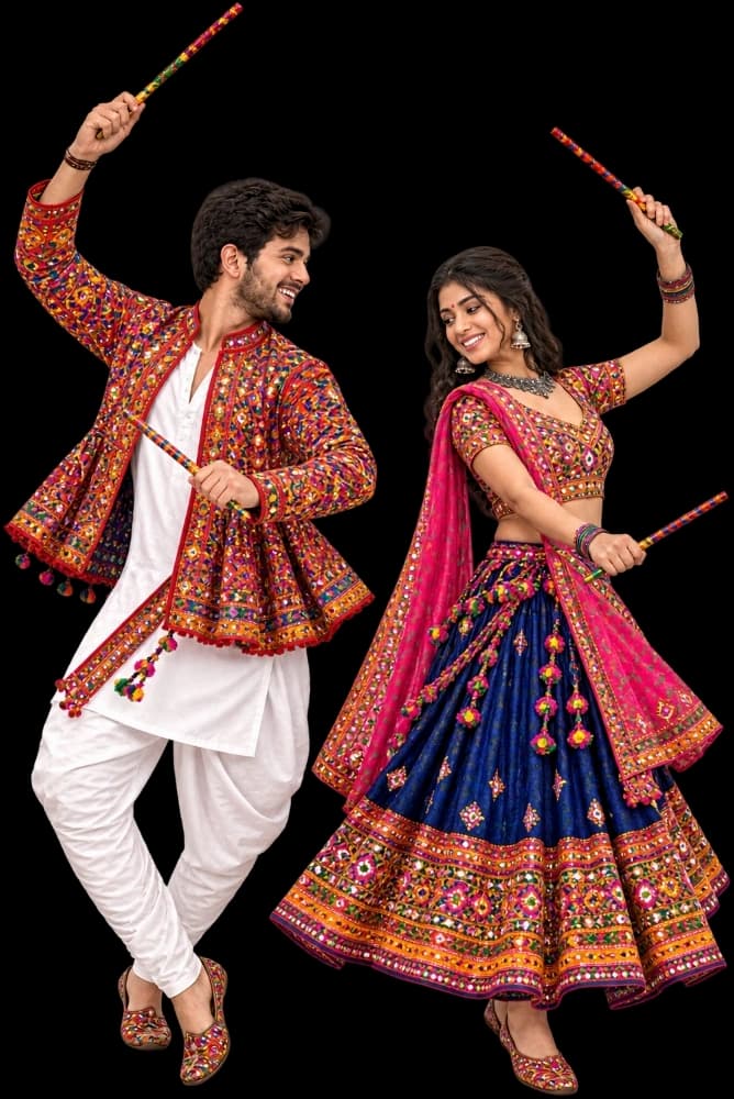 Female and Male Dandiya Dancers in Festive Attire