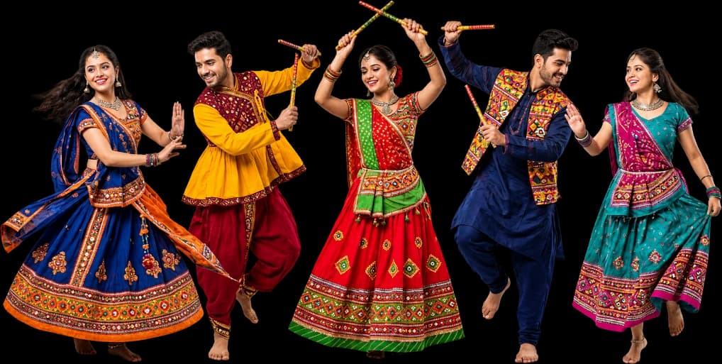 Raas Utsav Dandiya and Garba dancers celebrating together across the festival stage