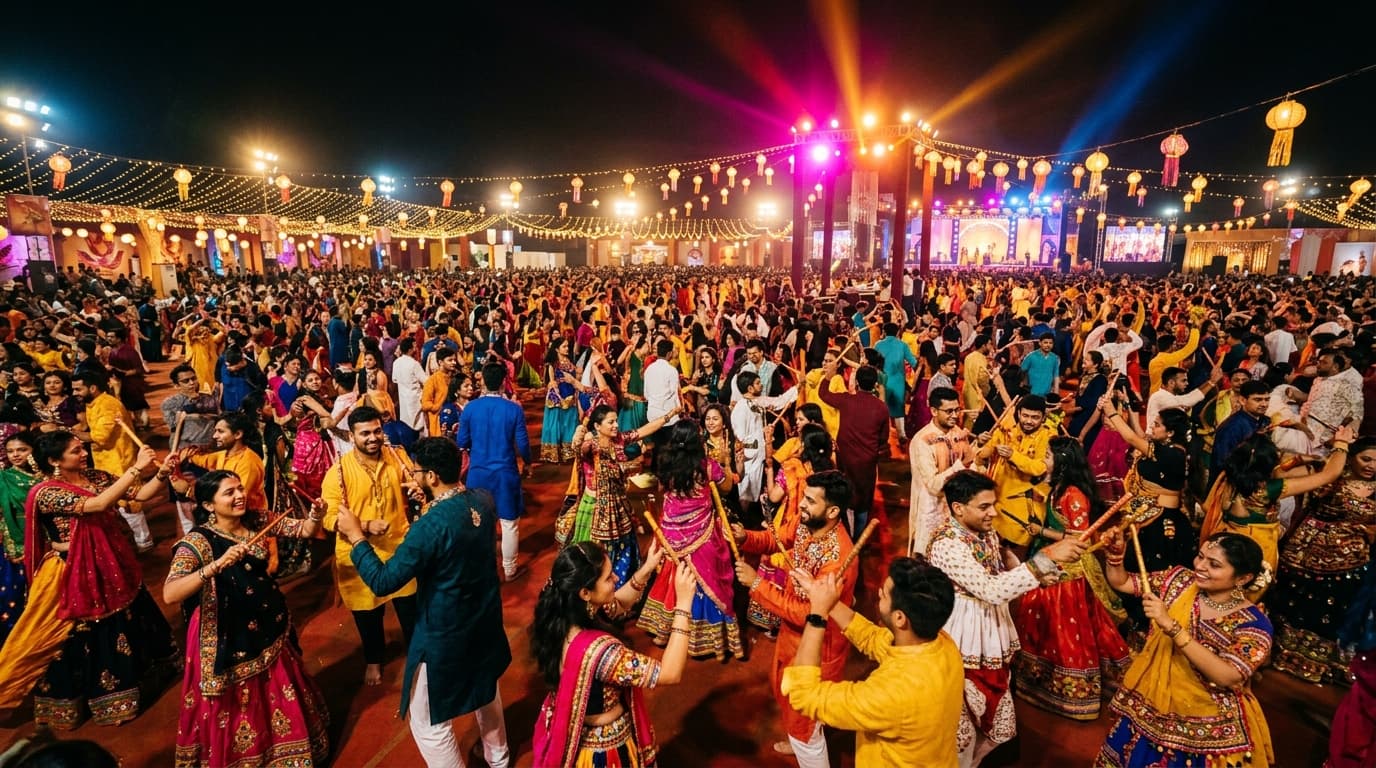 Festival crowd celebrating under the evening sky